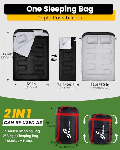 Sportneer Double Sleeping Bag for Adults, Queen Size, 2 Person, All Season Camping Hiking